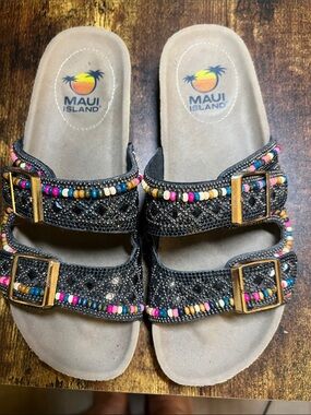 Maui Island Women's Black Beaded Slide Sandals size 9